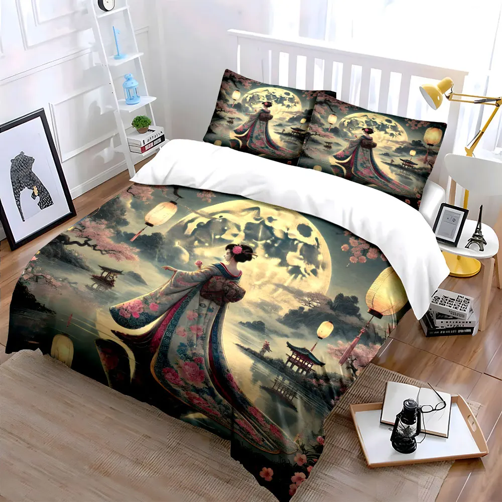Moonlit Kimono Art Print Set, Multiple sizes kid's and adults' bedroom Exquisite 3PC bedding set, gift