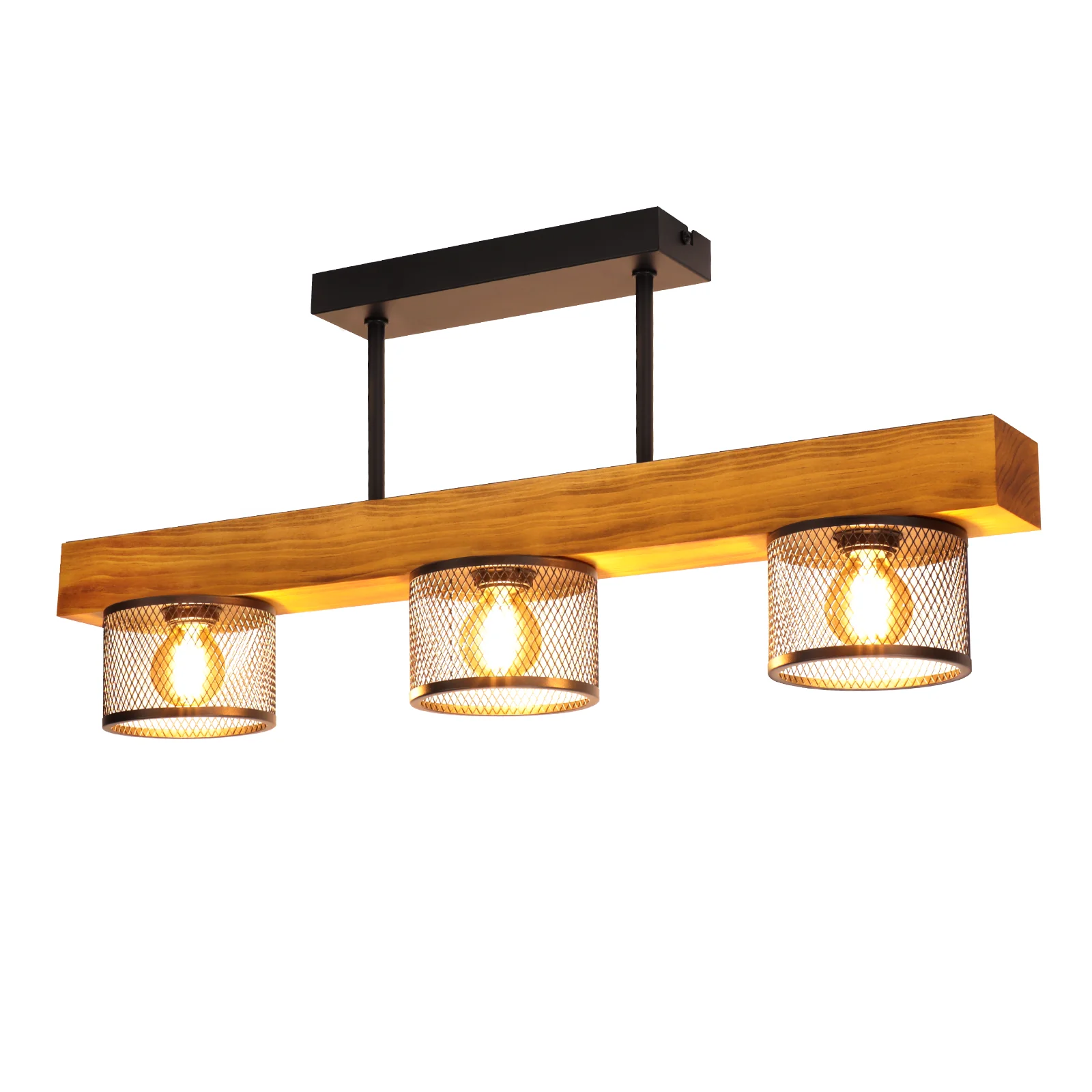 Deckenleuchte mit 3-flammigem Holzkäfig, Vintage-Industriestil, E14-Fassung (Glühbirnen nicht im Lieferumfang enthalten)