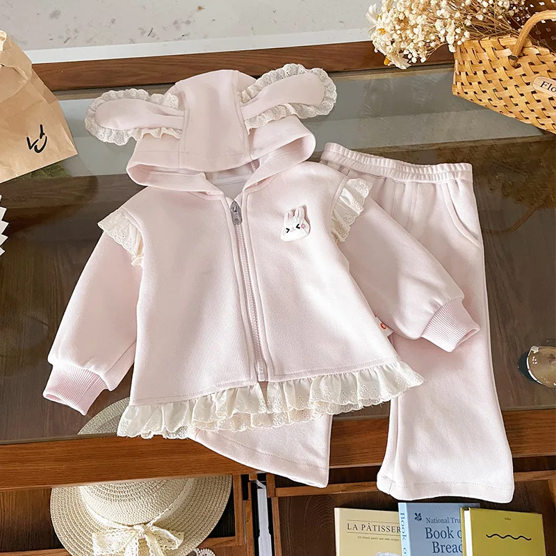 

Осенний детский комплект из двух предметов для девочек, с капюшоном и молнией кролика, с длинными рукавами, детский свитшот для маленьких девочек, штаны с эластичной резинкой на талии для маленьких девочек