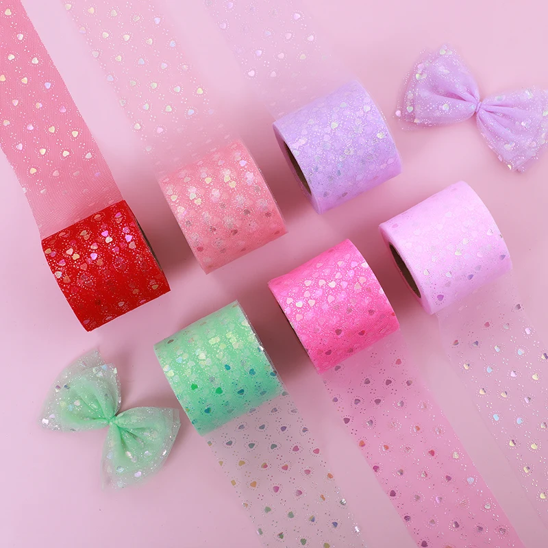 6cm 25yards Organza Tulle Ribbon Rainbow Glitter Heart Print Mesh Tape DIY Valentine Day Handmade Headband Dress Skirt