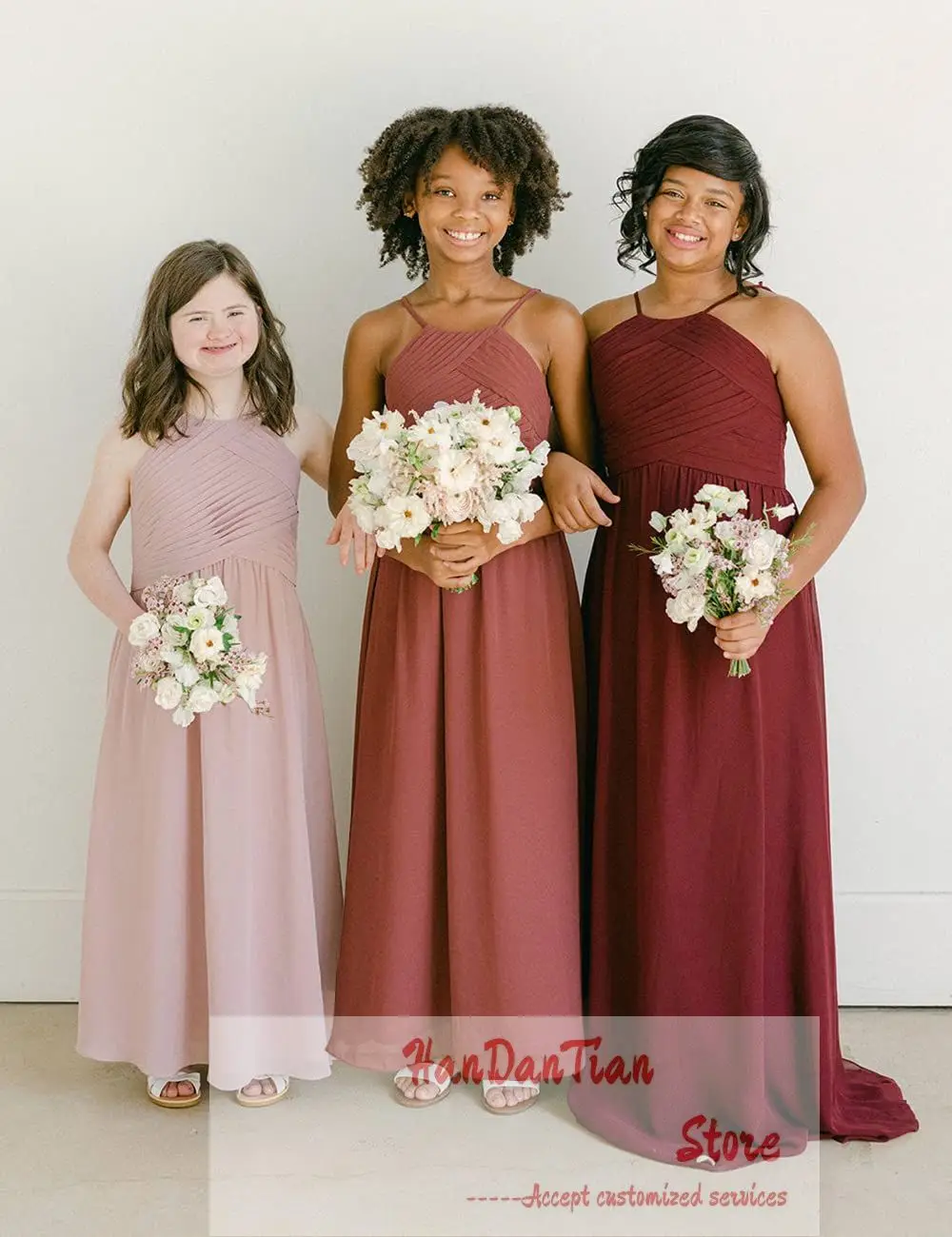 

Pleated Chiffon Bridesmaid Flower Girl Dress Off Shoulder Wedding Formal Party First Communion Gownv