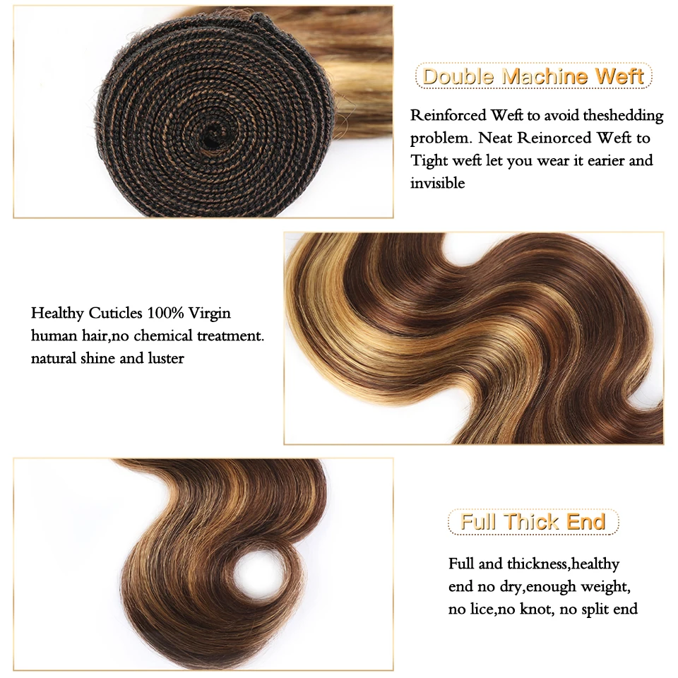 Miss Rola-Extensions de Cheveux Brésiliens pour Femme, Tissage de Cheveux Humains Lisses, Body Wave, Double Trame, P4, 27, 1/2/3/4 Bundles