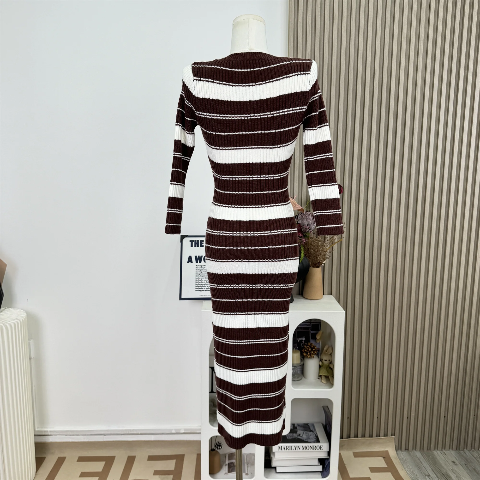 الخريف الربيع المرأة كسول نمط محبوك فستان طويل الأكمام عالية الخصر Bodycon فستان الشارع نمط مخطط تريكو F490