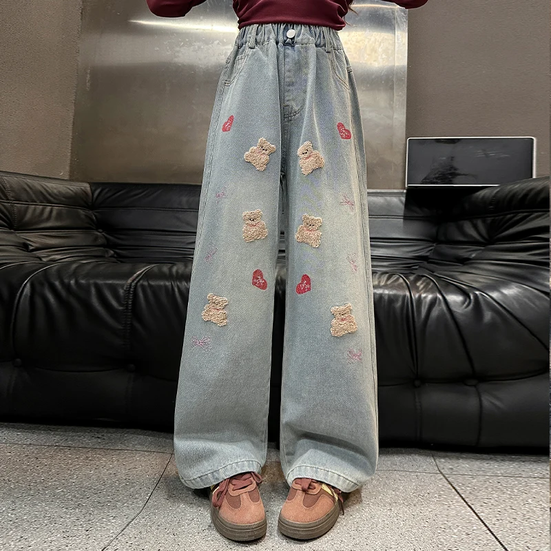 spring new teenage Girl cartoon bear jeans junior kids Towel embroidered wide leg pants Design children trousers 4 6 8 10 12 14