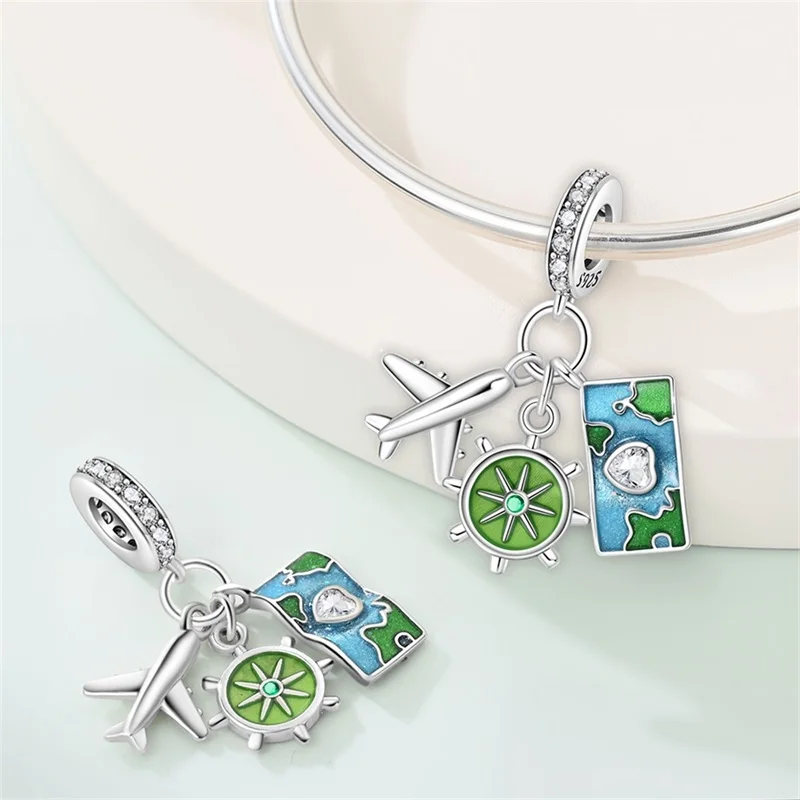 

New 925 Sterling Silver Travel Map Pendant CZ Zircon Dangle Fit Original Bracelet DIY For Women Birthday Party Jewelry Gifts