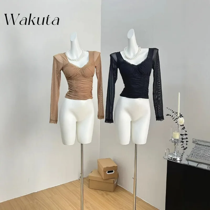 WAKUTA Fashion Sexy Lace Long-sleeved Bottoming Shirt Camis Autumn New Slim Thin Pleated T-shirt with Chest Pads Кофта Женская