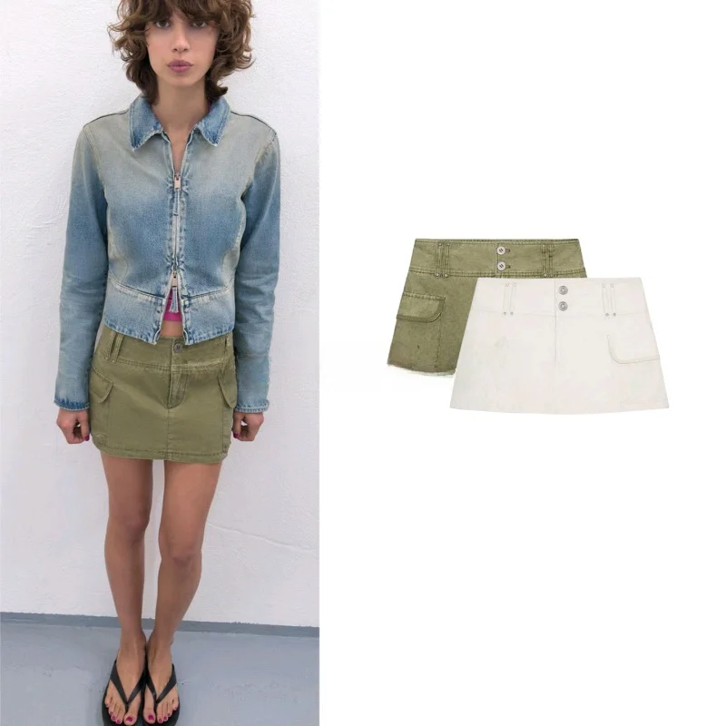 

Spring Summer New Women's Metal Button Zipper mid Waist Casual Pocket Decor Short Skirt Pants A-Line Silhouette Fit Style