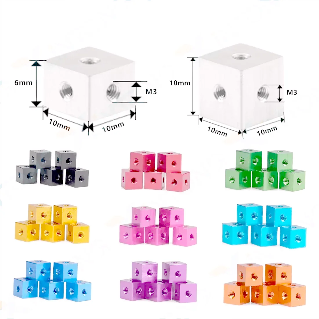 10 Pieces M3 Cube Connector (10x10x6mm/10mm) - Anodized Aluminium Alloy 6-Way Square Spacer Standoff Tee Fixing Bracket