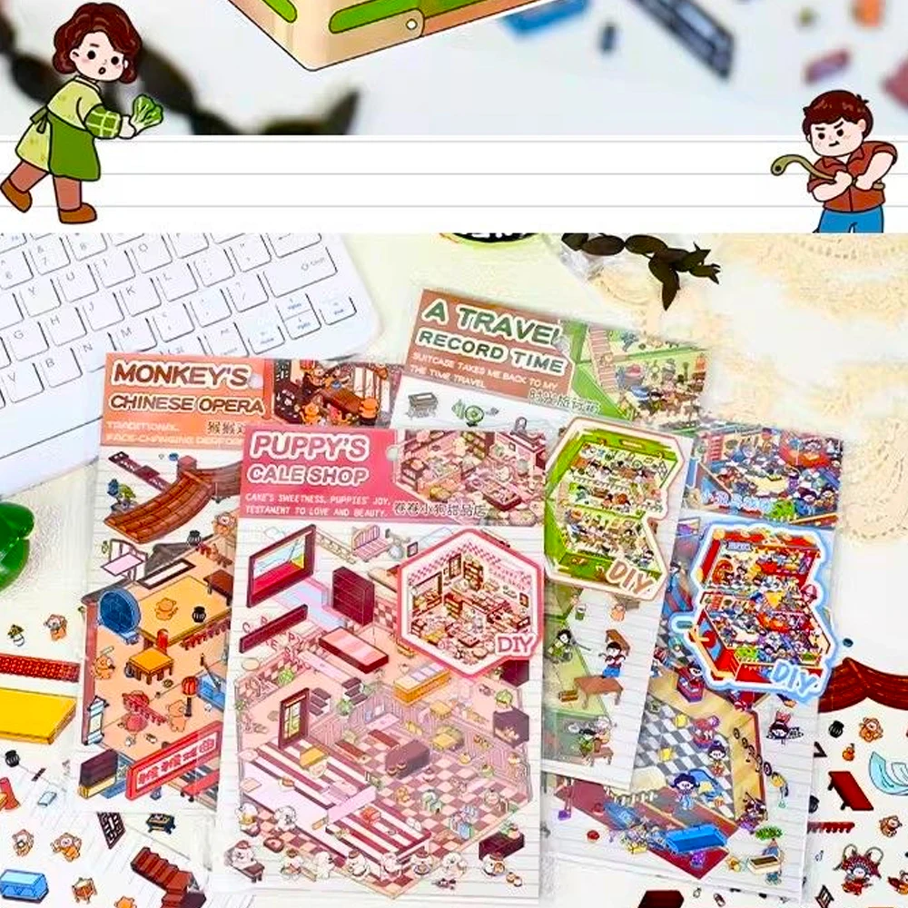 New! Amazing Treasure Style Miniature 3D Landscaping Stickers DIY Sticker Cabin Scene Cute Kid Child Classmate ﻿Festival Gift