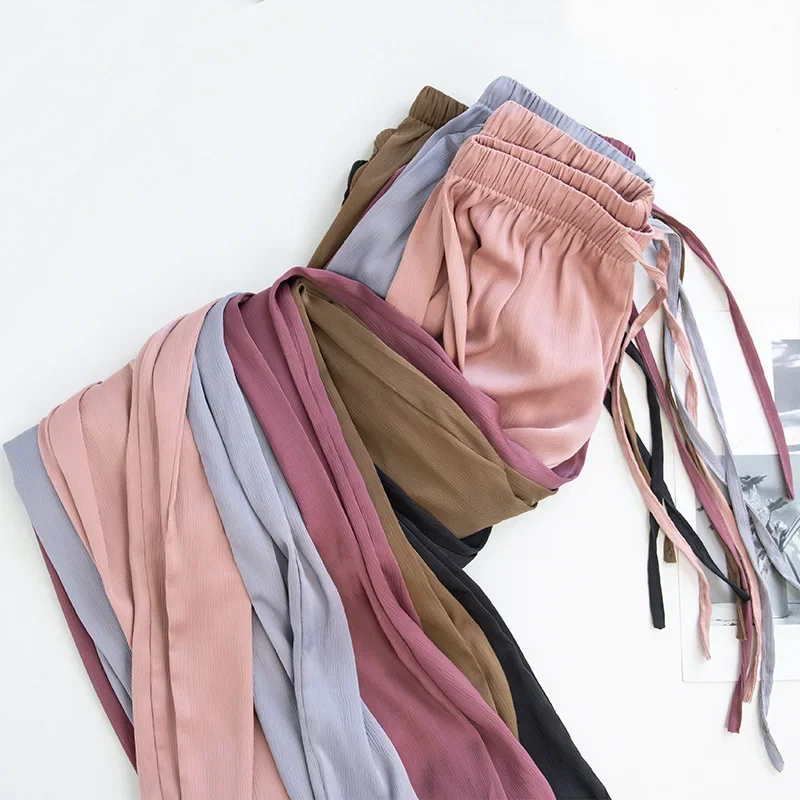 Wysokiej jakości spodnie z szerokimi nogawkami damskie w stylu vintage ze sznurkiem wysokiej talii satynowe jedwabne spodnie damskie luźne proste spodnie na co dzień