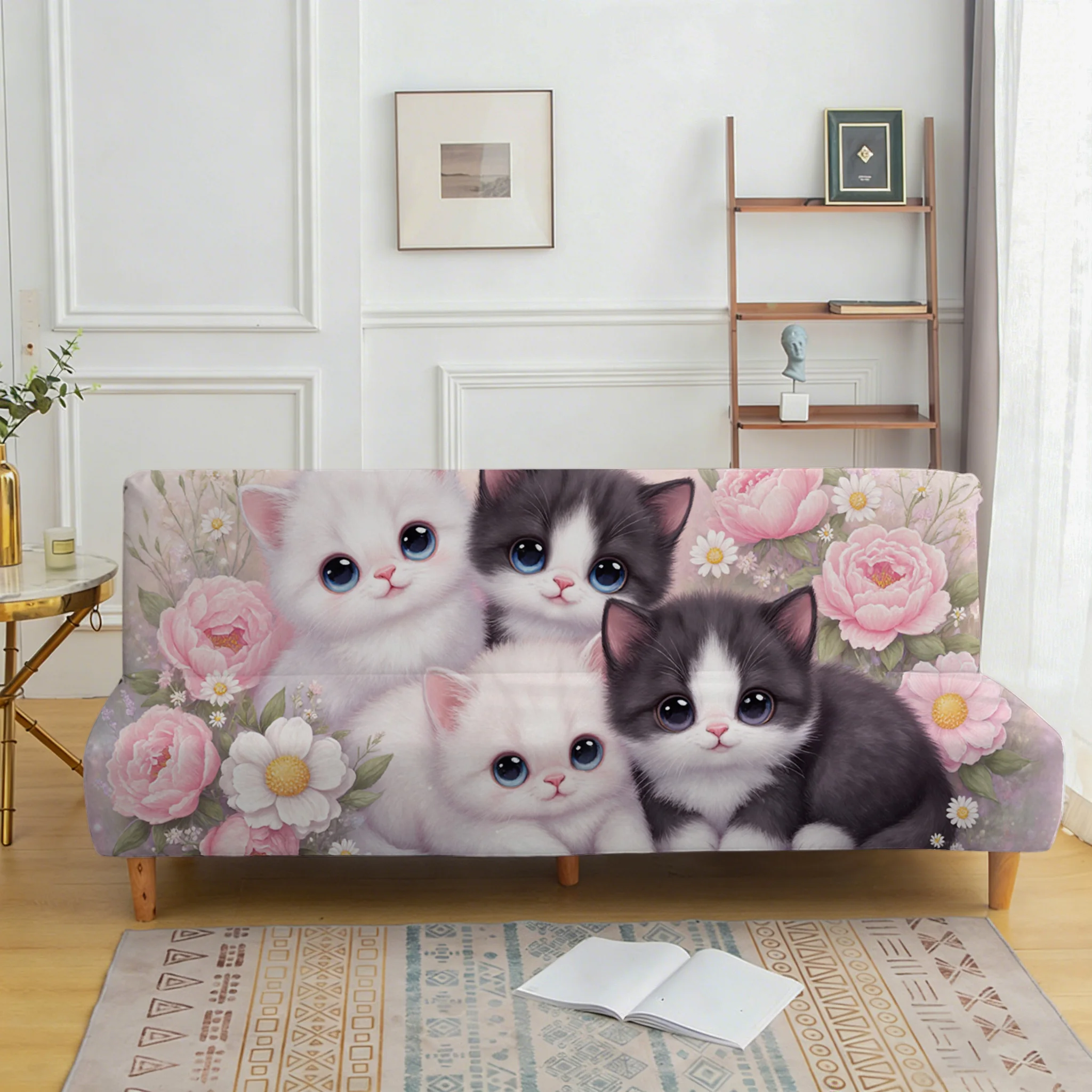 Cute peony kitten elastic sofa bed cover, non-slip and anti-scratch furniture protective cover, easy to install