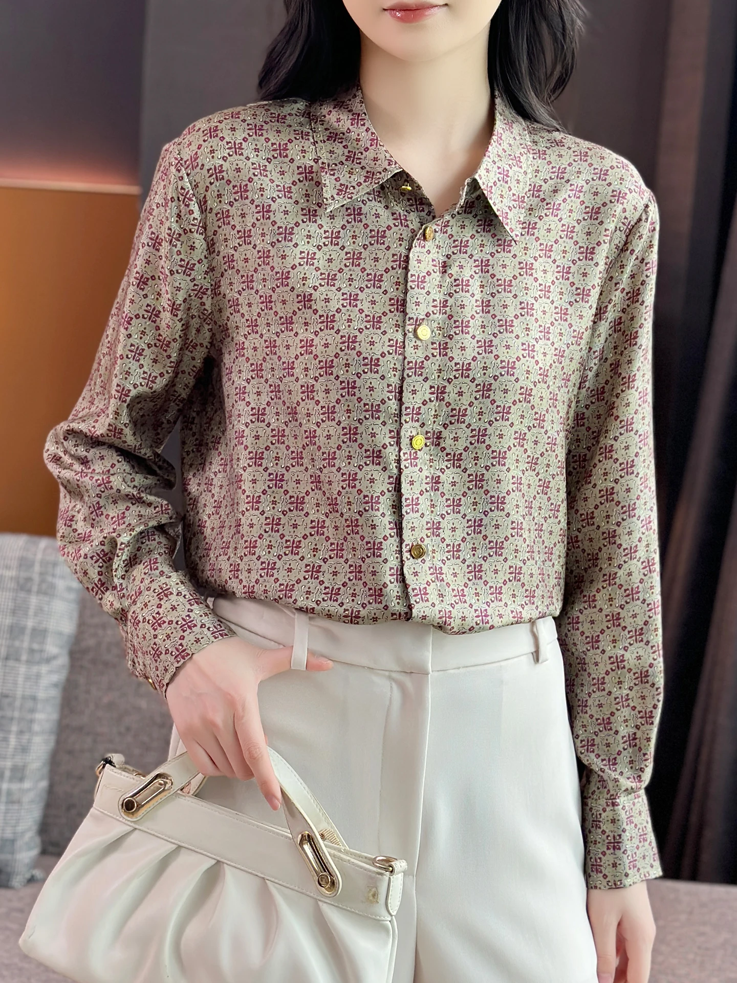 

Zuozhuzhujia Luxury Vintage Geometric Print Silk Shirt Long Sleeve Turn-down Collar Silk Women's Business Casual Shirt