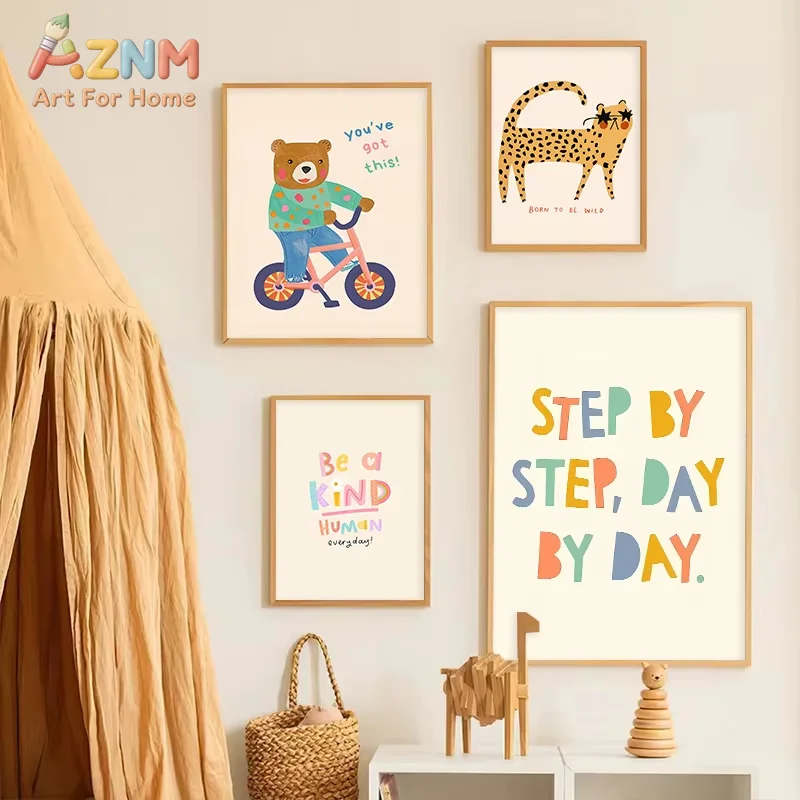 Boho Light Colour Warm Children Cartoon Wall Art Cute Animal Bear Letters Decorative Canvas Painting Living Room Bedroom Poster