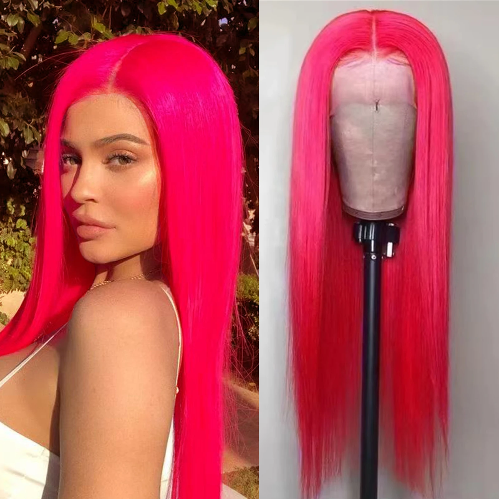WIF Natural Hairline Hot Pink Straight Hair Lace Wig Long Silk Straight Neon Pink Synthetic Lace Front Wigs Party Cosplay Use