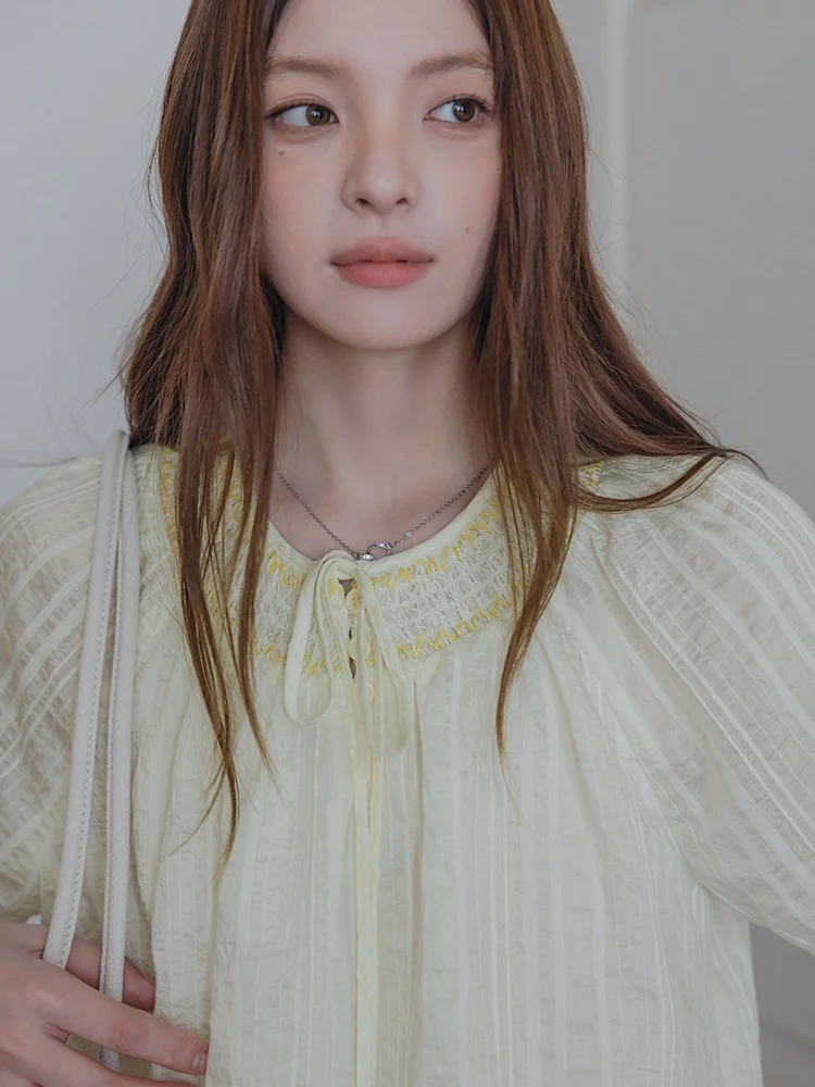 

Mlife Lemon Yellow Color Blo Texture ort Sve Women's Summer irt ing f Plaet Chiffon Top Morninghey Brand