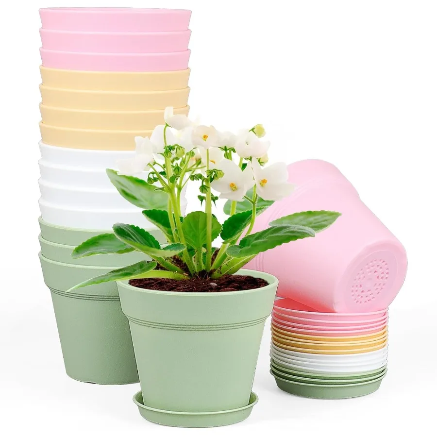 

6 inch Plastic Nursery Pots 16 Pack Plant Pots for Indoor Outdoor Plants Flower Pots with Drainage Holes and Saucers Drative Se