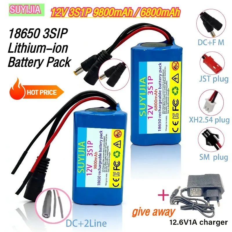 

100% brand new protective board 3S1P 12V 9800mAh 6800mAh battery 18650 lithium ion DC 12.6V super charging battery + charger