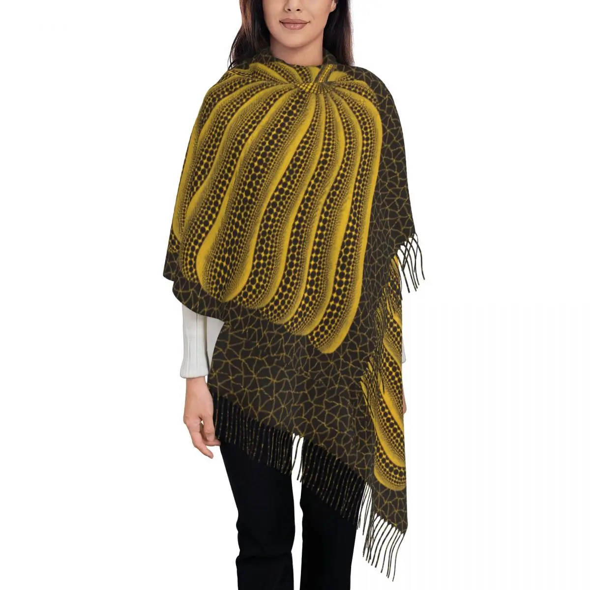 Custom Stylish Polka Dot Pumpkin Print Tassel Scarf Women Winter Warm Shawls Wraps Ladies Yayoi Abstract Art Scarves