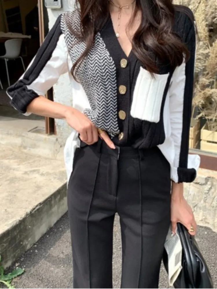 Chic Vintage Ribbed Single Button Loose Versatile Knitted Patchwork Long Sleeve V-neck Shirt Women Elegant Top Korean Style