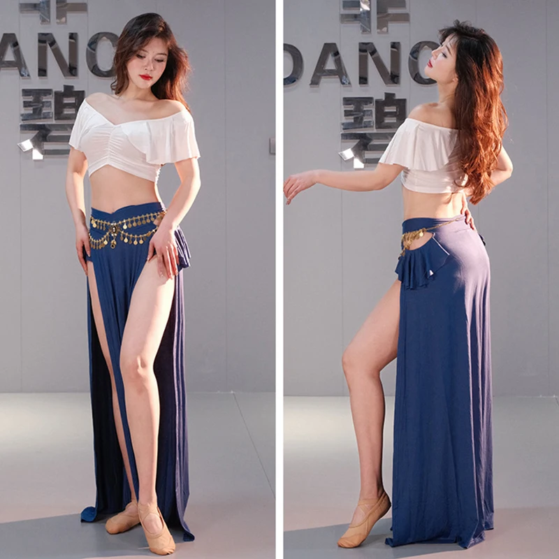 

Women Belly Dance Training Set Eastern Style Split Skirt Net Fabric Practice Outfit for Beginner Dance Clothing No Waist Chain