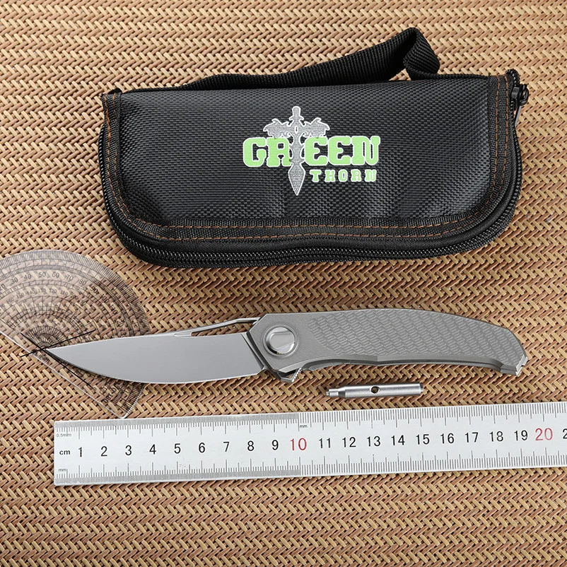 Mini cuchillo plegable con parche cuántico de espina verde, hoja VG10 TC4, mango de aleación de titanio, herramienta portátil para acampar al aire libre