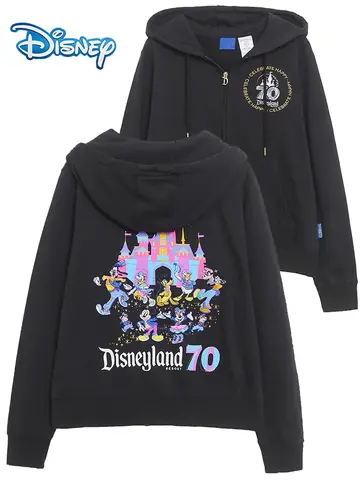 Disneyland 70th Anniversary Castle Mickey Mouse Family Letter Embroidery Fleece Sweatshirt Unisex Women Hooded Zipper Jumper Top