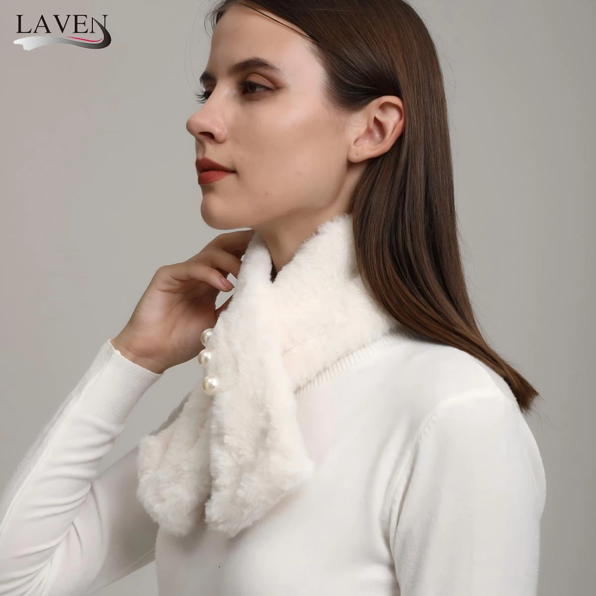 

Imitation Rabbit Fur Neckerchief Scarf For Women Winter Warm Scarf Plain Color Neckscarf With Pearl Soft Neck Guard Scarf