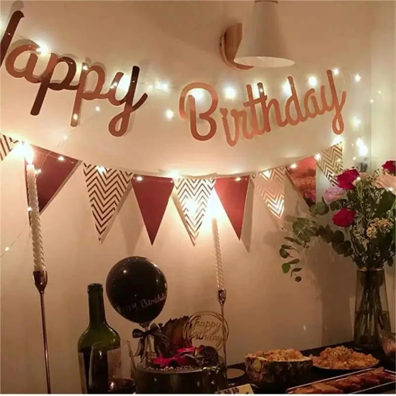Multi Themes DIY Colored Lights Happy Birthday Banner Decorations Photo Booth Happy Birthday Bunting String Lights Flags Set