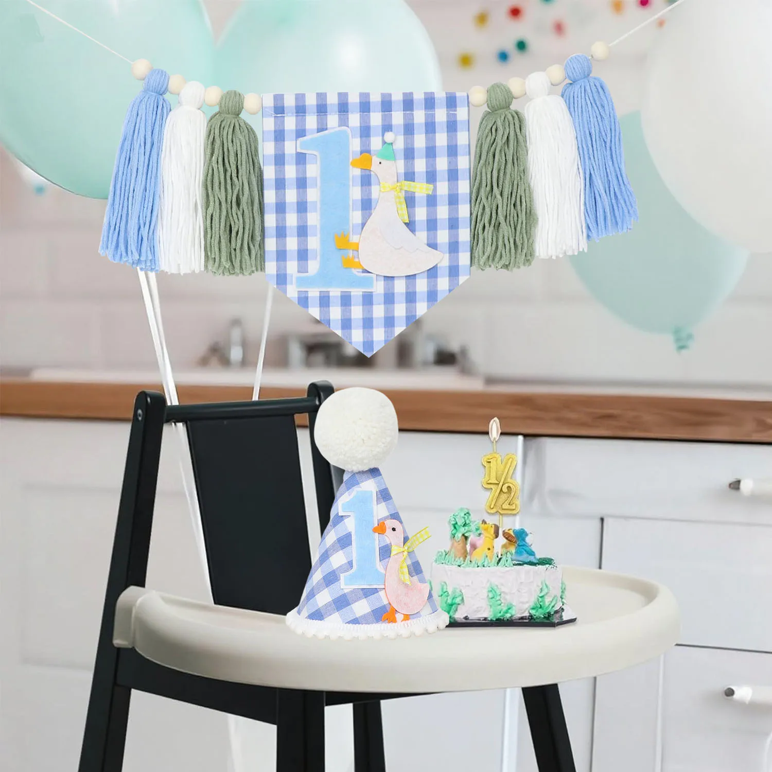 Hochstuhl-Banner zum 1. Geburtstag, blaue große Gans-Thema, dekorative Girlande für Geburtstagsfeiern, Foto-Requisiten, Partyzubehör für Jungen – Detail 4