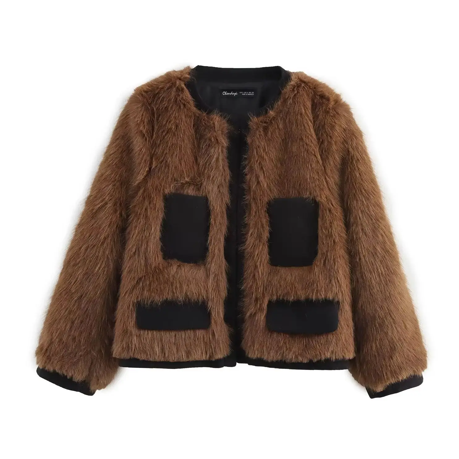 KONDALA Vintage Brown Patchwork Women Outwear Faux Fur O Neck Noble Streetwear Jacket Fashion 2025 Fall Night Party O Neck Coat