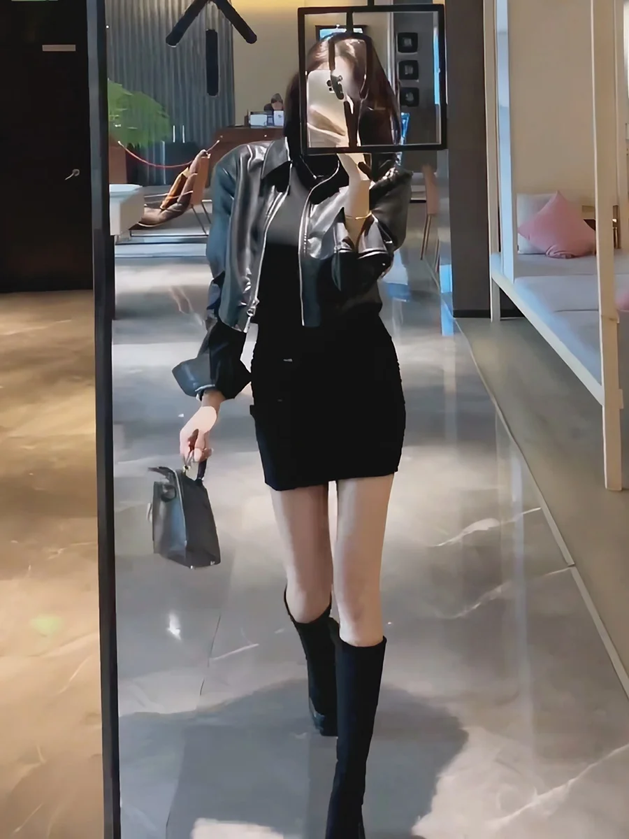 Ele ort Bla Couro Jaet Feminino Sle 2026 Nova Primavera High-End Feel Tamanho Pequeno Street Faion Fechamento com Zíper