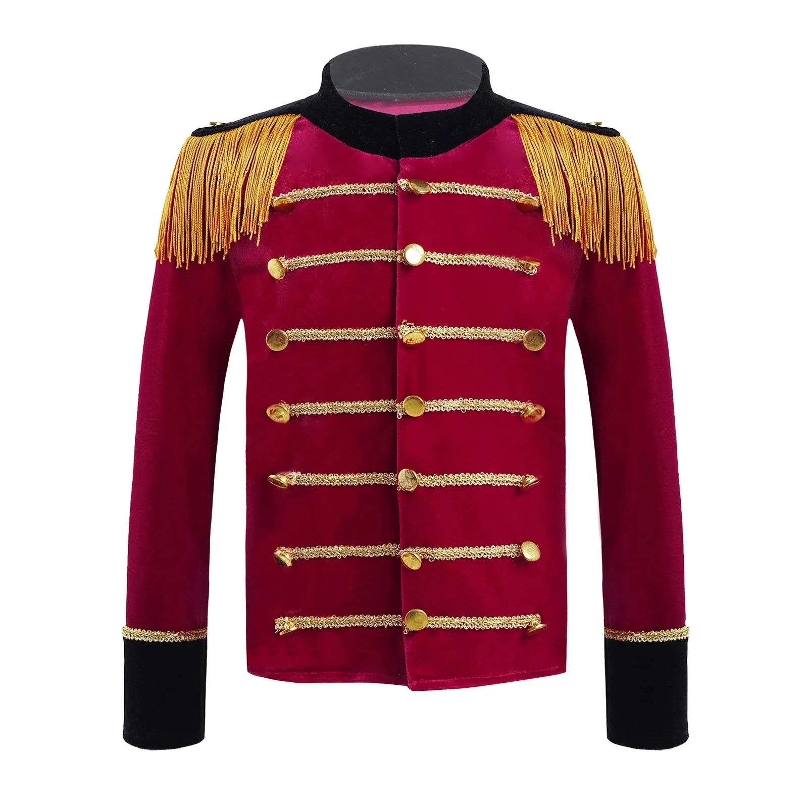 Kids Boys Drum Trumpet Team Honor Guard Uniform Cosplay Costume Velvet Long Sleeves Tassels Gold Braid Trim Adorned Tops