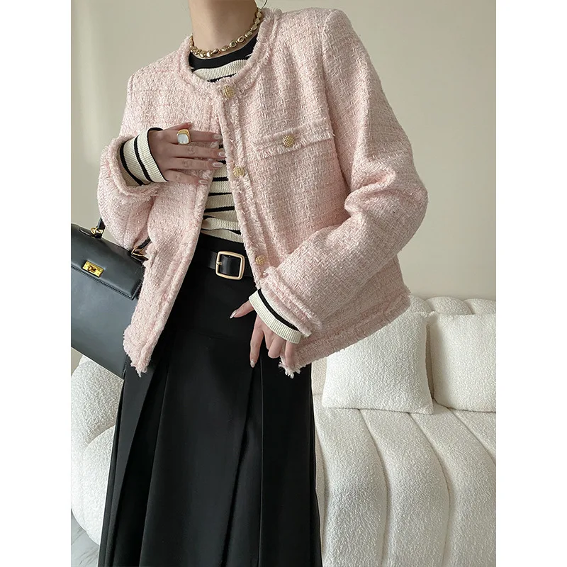 

Light Pink Tweed Jacket Gold Button Gentle Elegant Tassel Weaving Edge Autumn Women Coat