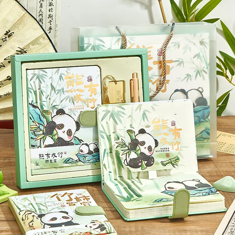 Three Piece Set Cartoon Panda Series Notebook High Appearance Student Diary Stationery Set Contain Pen Bookmark