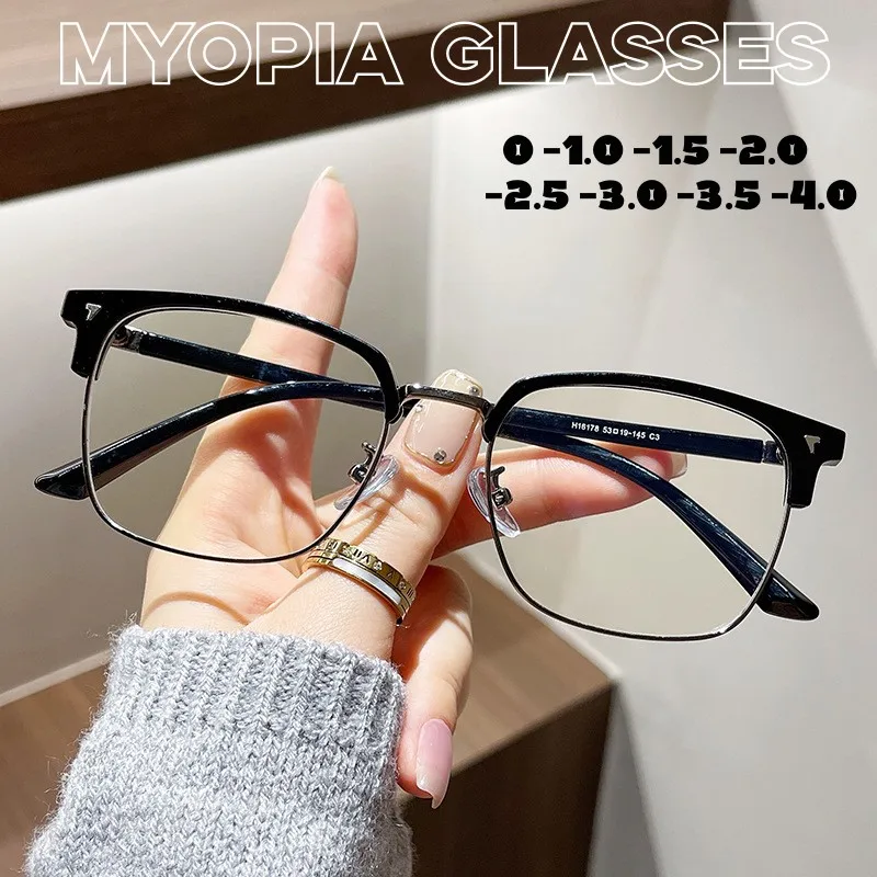 

Ladies Trendy Metal Half Frame Myopia Glasses Vintage Near Sight Clear Eyeglasses Blue Light Blocking Minus Diopters Eyewear