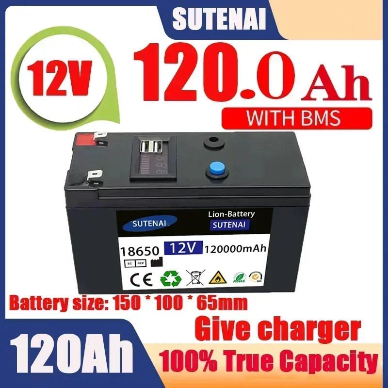 Bateria de lítio recarregável para energia solar, bateria do veículo elétrico, 12.6V 3A carregador, 12V, 120Ah, 18650