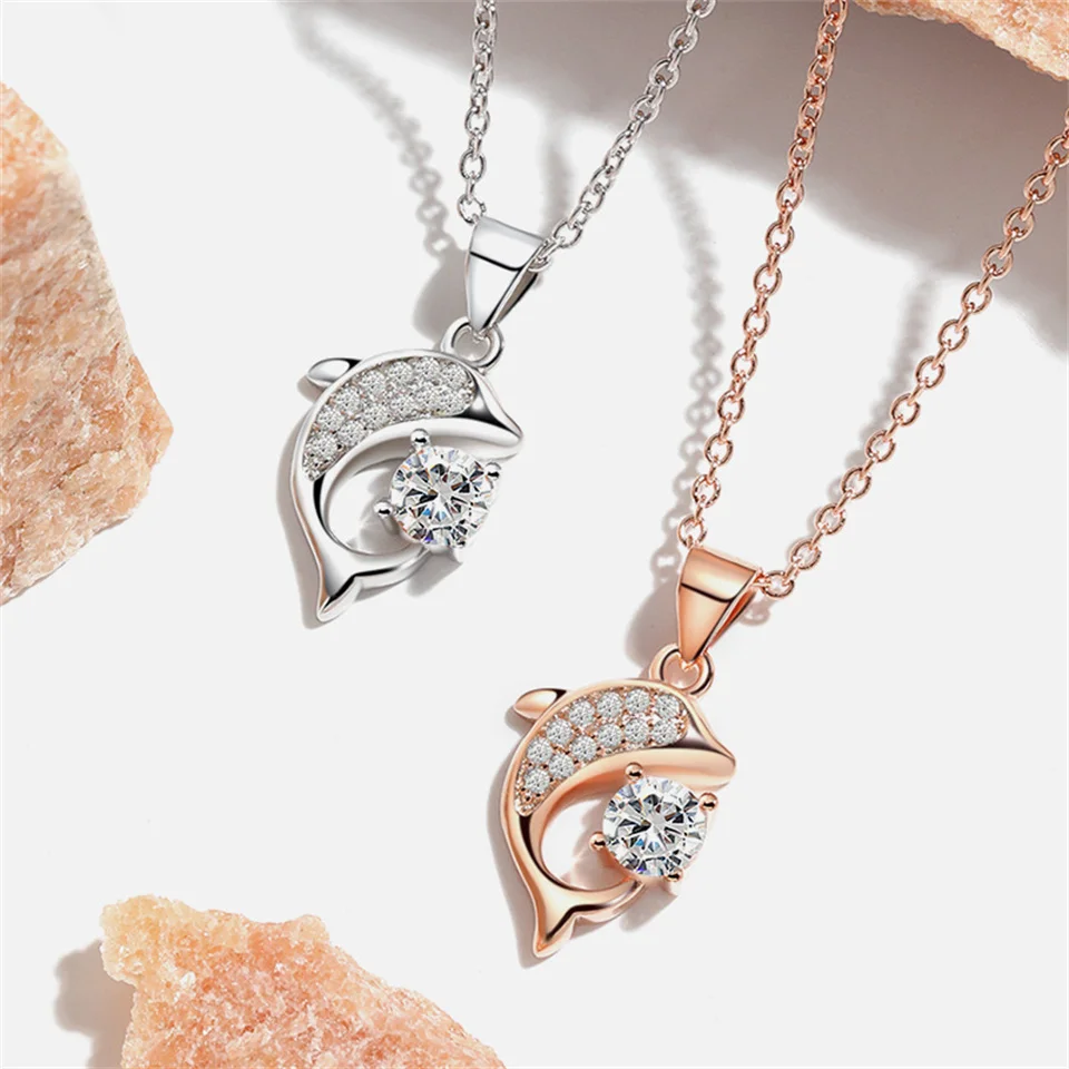 

New Mermaid Full Diamond Clavicle Pendant Niche Simple Style Stainless Steel Necklace Big Fish Begonia Dolphin Fishtail Necklace