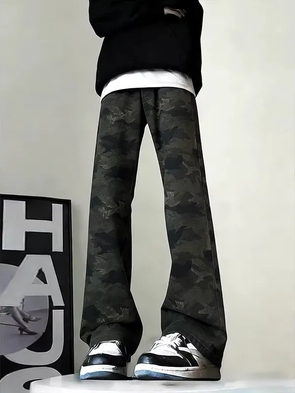 American Retro High Street Camouflage Jeans Men's CleanFit Knife  Pants Slim Straight Micro Flare Trousers