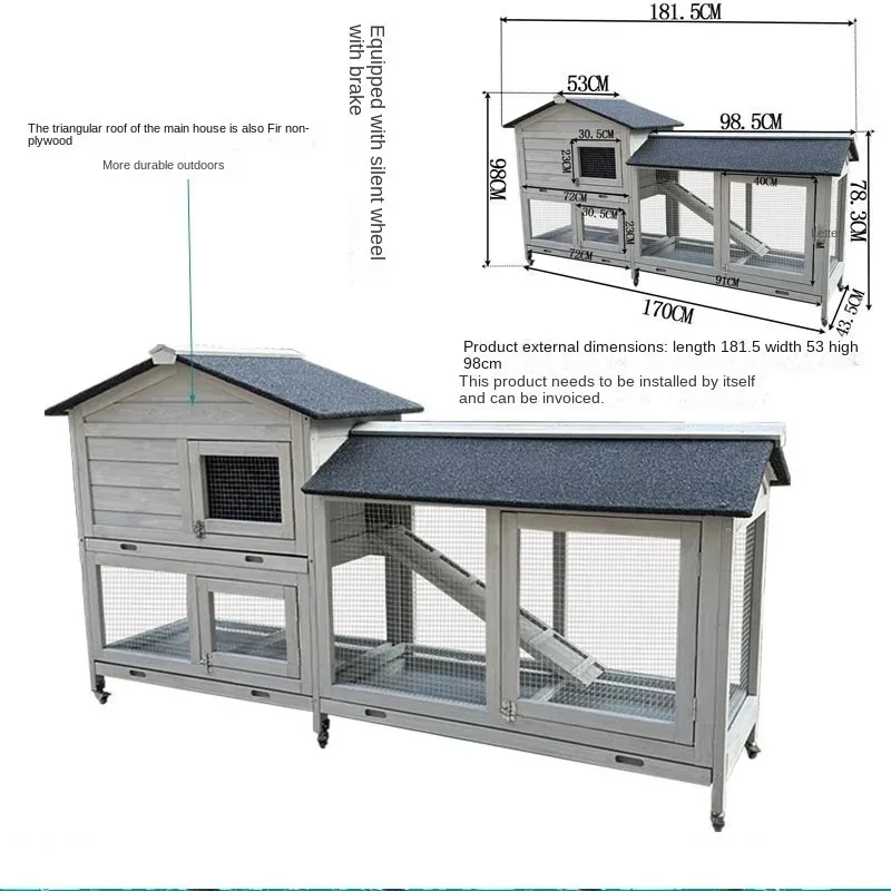 Outdoor rabbit cage Durable weather-resistant pet cage Spacious design with silent wheel