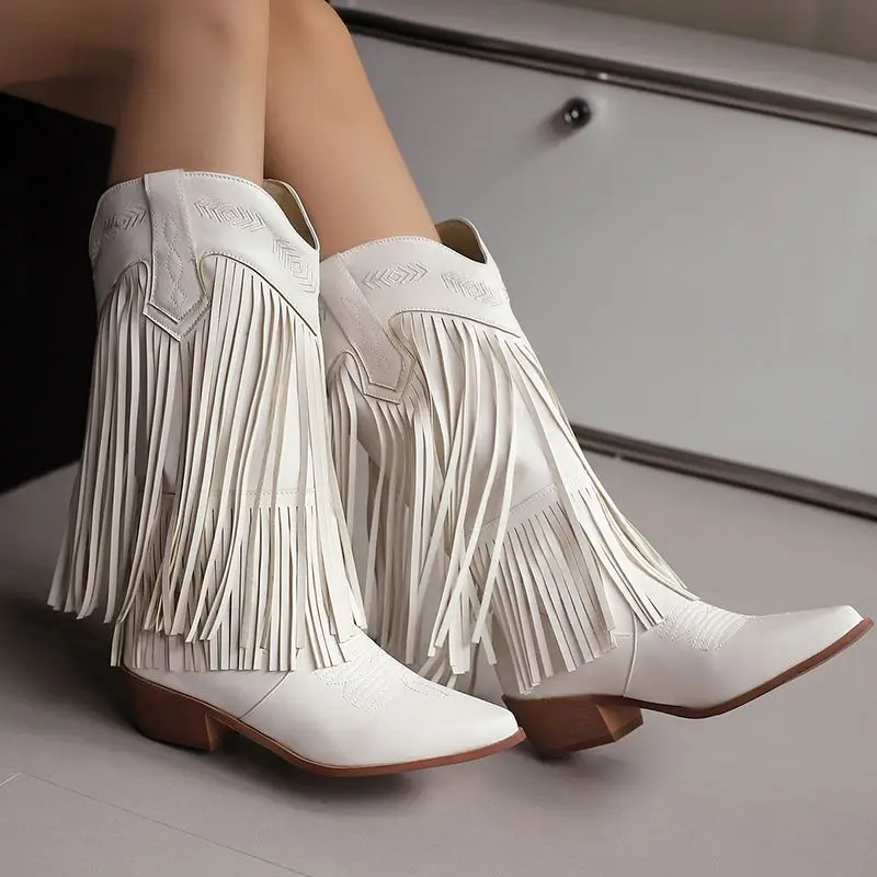 Girseaby Fringe Slip On Western Cowboy Bota Embroider Plus Size 46 47 48 Women Knee High Boots Pointed Toe Block Heels 4.5cm