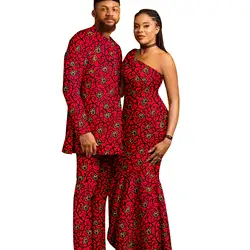 African Print Diagonal Collar Dresses for Women Matching Clothes for Couples Bazin Men Outfits Dashiki Top and Pant Sets S20C016