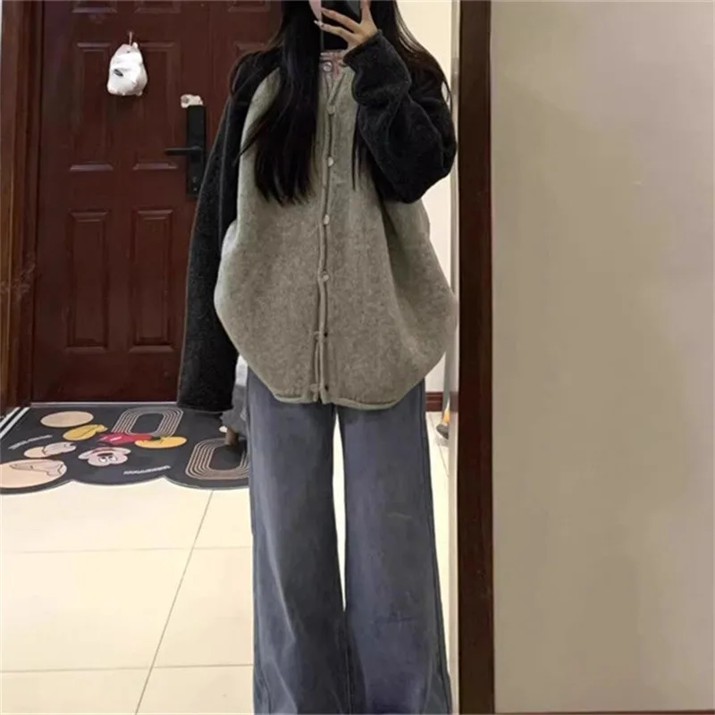 Splicedถักสตรีเสื้อสเวตเตอร์ถักแขนยาวPatchworkปุ่มหลวมLady Single Breasted 2025 ฤดูใบไม้ร่วงฤดูหนาวเสื้อลําลองเกาหลี