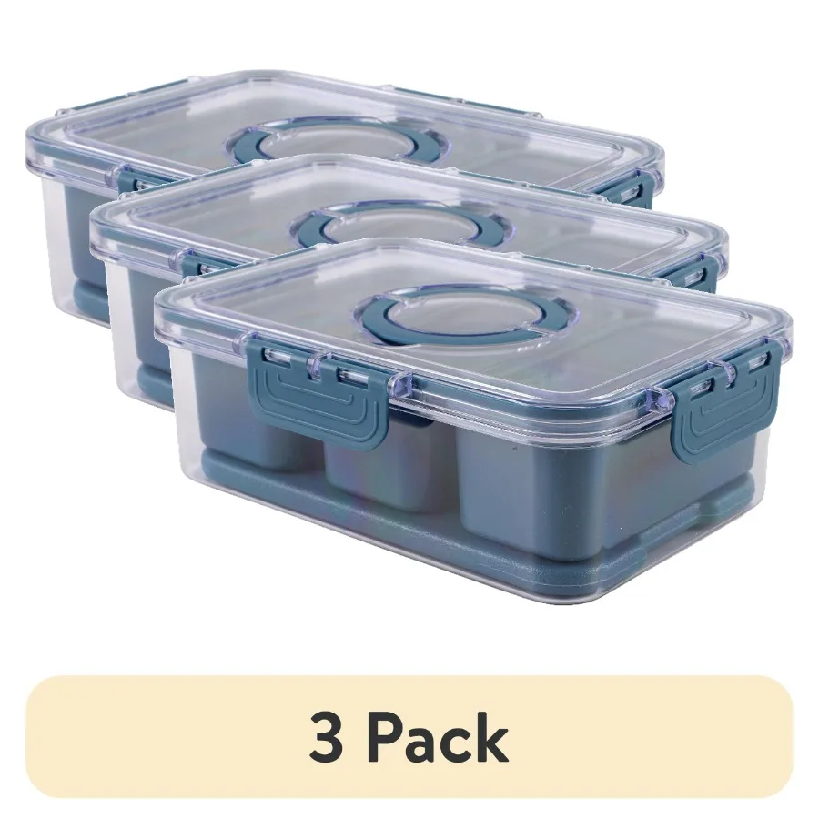 

3 pack 3-Compartment Snack Box with Removable Ice Pack, Portable Food Storage Container with Locking Lid and Handle, Charcuteri