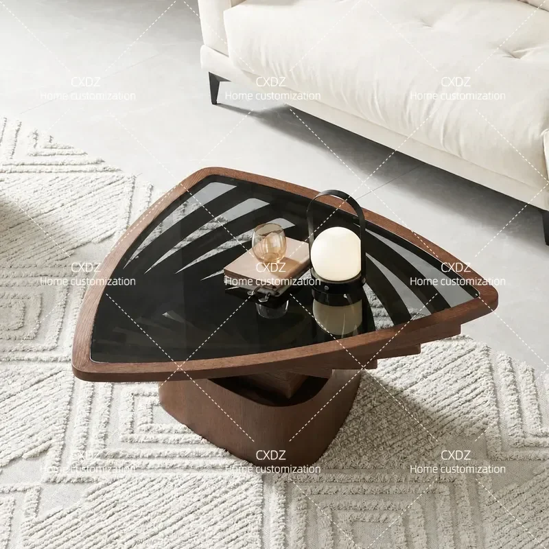 2025 Nordic Triangular Coffee Table Hollow Art Creative Small Apartment Living Room Black Tempered Glass Center Table