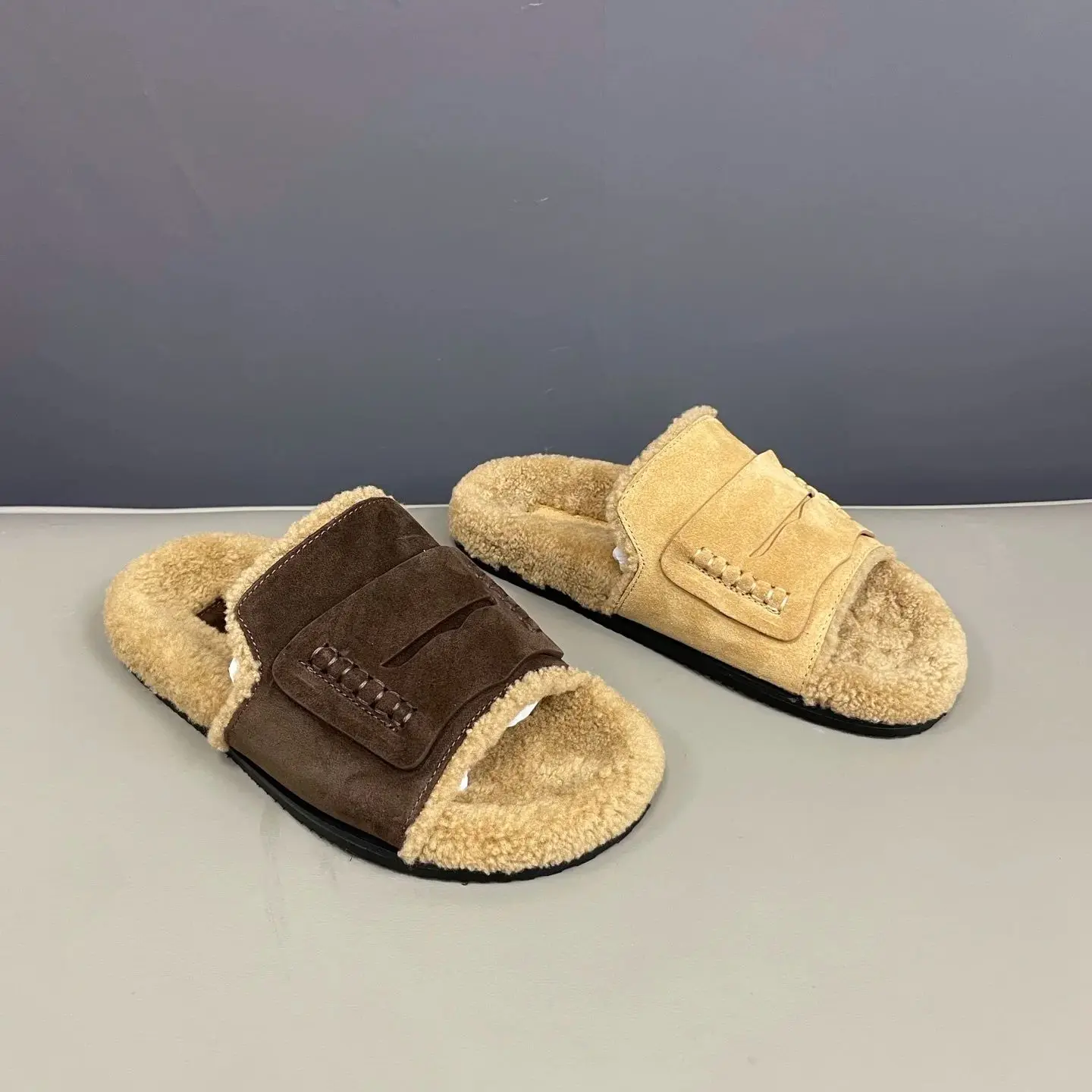 خريف دافئ الصوف جولة رئيس النساء النعال موضة الانزلاق على الشقق في الهواء الطلق لينة وحيد البغل أحذية عادية Zapatos Mujer #1