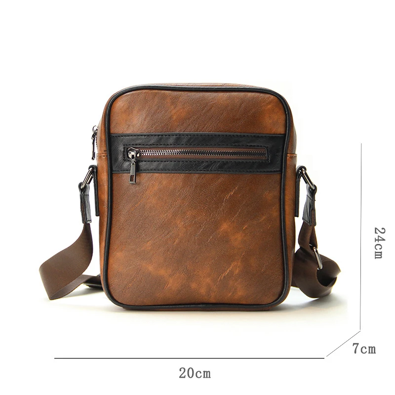 กระเป๋าสะพายข้างลำลองสำหรับผู้ชาย หนัง PU กระเป๋าสะพายไหล่สายกว้าง กระเป๋าสะพายทรงสี่เหลี่ยมเล็กแบบมีซิปสไตล์เรโทร