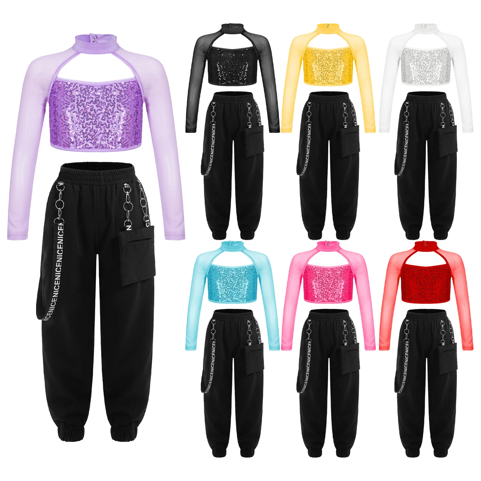 Kids Girls Dance Outfit Shiny Sequin Decorated Cutout Crop Top with Elastic Waistband Pocket Pants for Performance Competition