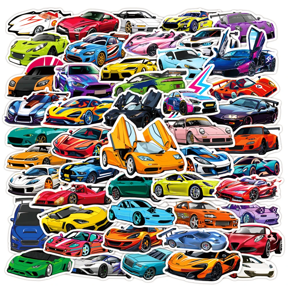 10/30/50pcs Cartoon Supercar Retrofit Racing Stickers Cool Kid Decals Toy DIY Notebook Skateboard Laptop Decoration Sticker Pack