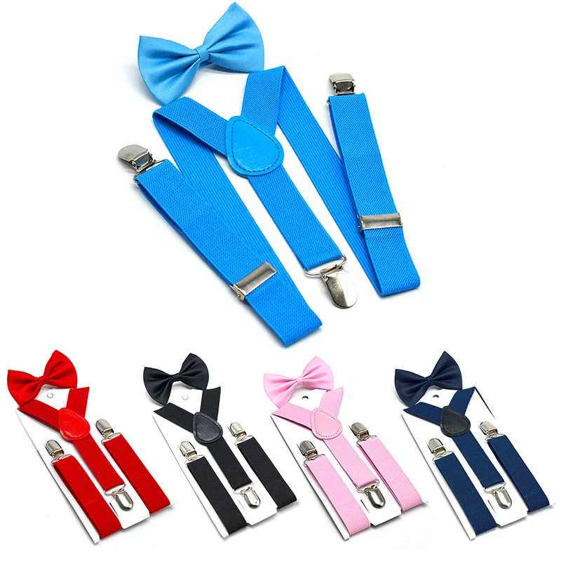 Soild Color bambini cintura papillon Set ragazzi ragazze bretelle Clip-on Y-Back bretelle papillon elastico bambini regolabile