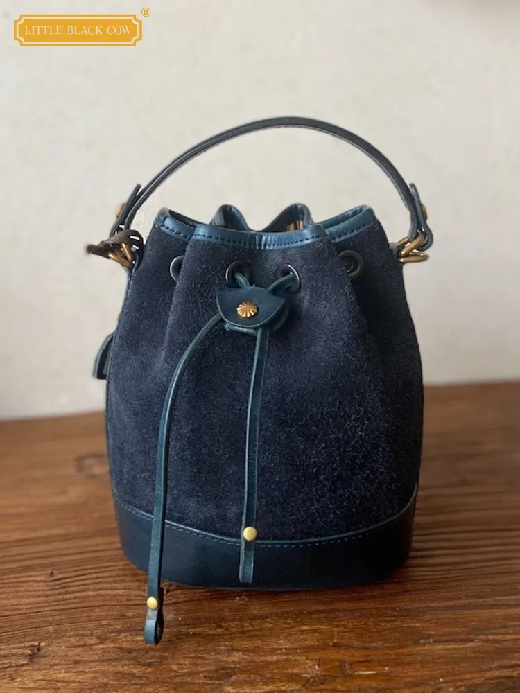 

Vintage Handmade Women Cow Suede Leather Bucket Bag Small String Shoulder Bag Casual Totes Handbag Patchwork Strap Crossbody Bag